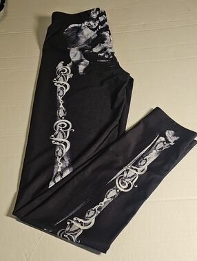 Edgy Black Leggings with Goth Skeletal & Rose Design Tattoo Art Small
